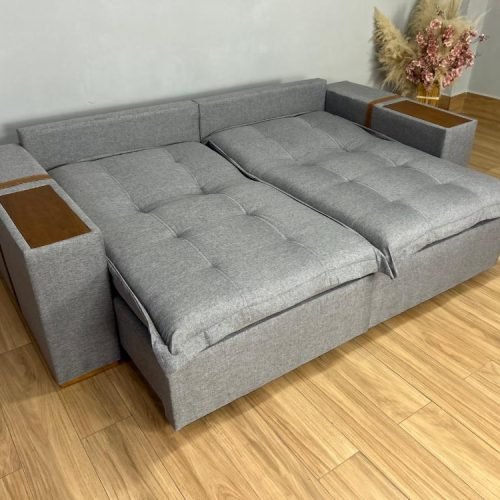 Sofá Cama Retrátil Reclinável Gabriela 2,10m - Cinza Linho/ Marrom Courino - Imagem 4