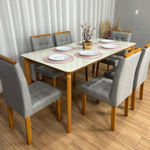 Alternative view of Mesa de Jantar Veneza 1.80x0.90 c/6 Cadeiras Londres - Cinamomo/Off White/Cinza Linho