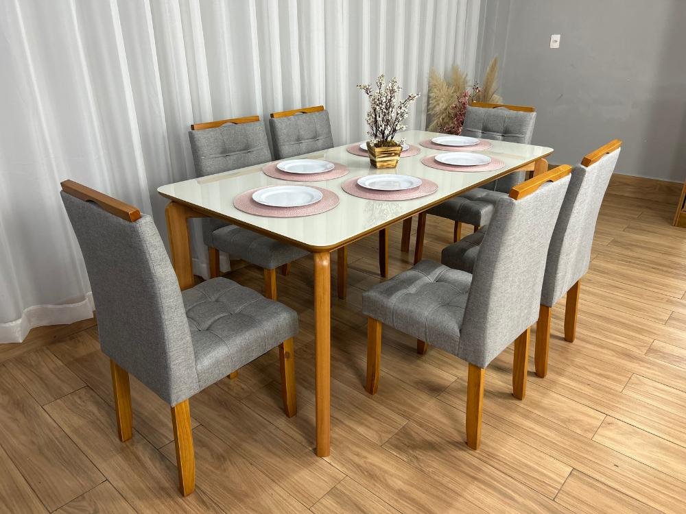 Mesa de Jantar Veneza 1.80x0.90 c/6 Cadeiras Londres - Cinamomo/Off White/Cinza Linho - Imagem 2
