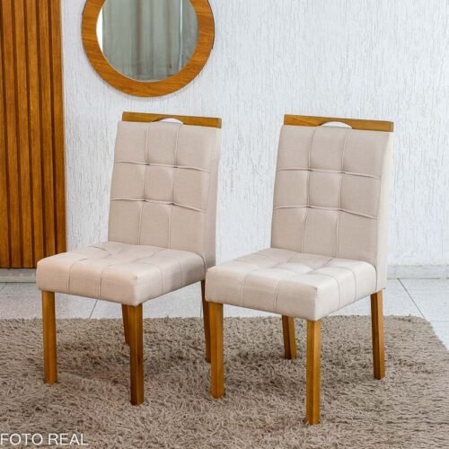 Caixa 2 Cadeiras Sophia Linho Bege 200 Estrutura Madeira WM Decor - Entregue Montada