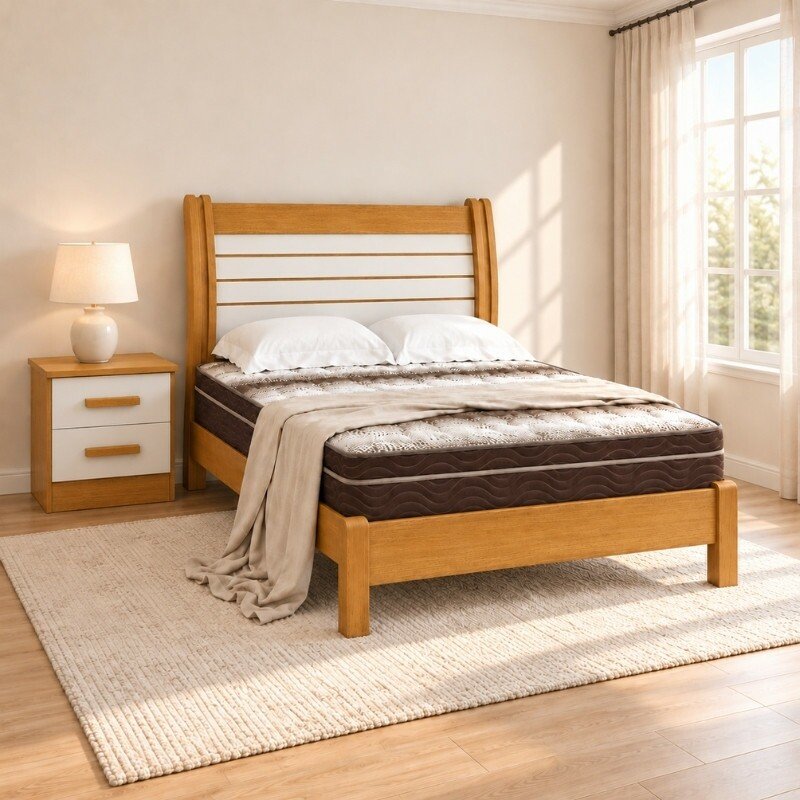 Cama Casal Esmeralda Plus Cinamomo/Off - D Doro + Mesa de Cabeceira New Athos Cinamomo/Off com 2 Gavetas - D Doro + Colchão Casal Ortopédico Light Ortobom 138x188x25 cm | Suporta até 260kg