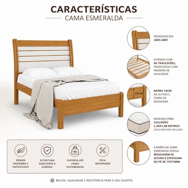 Cama Casal Esmeralda Plus Cinamomo/Off - D Doro + Mesa de Cabeceira New Athos Cinamomo/Off com 2 Gavetas - D Doro + Colchão Casal Ortopédico Light Ortobom 138x188x25 cm | Suporta até 260kg - Imagem 3