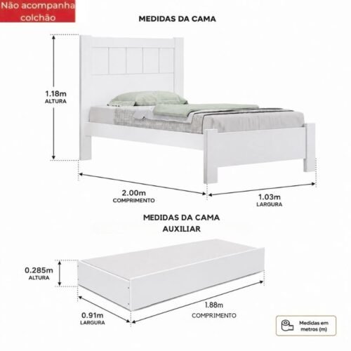 Alternative view of Cama Solteiro Primícia Branco D Doro + Cama Auxiliar Solteiro Barcelona Branco Tebarrot