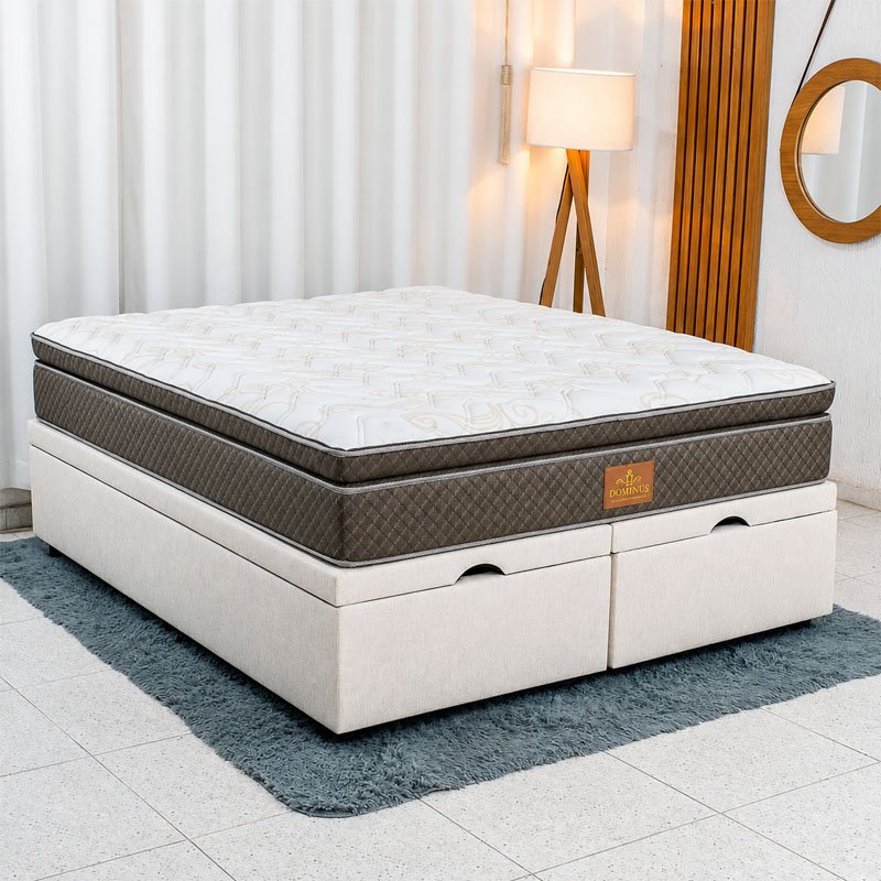 Colchão Queen Dominus Gold Plus Paropas + Base Box Baú Queen Confort Linhão Palha Blindado Issacar - 158x198x77