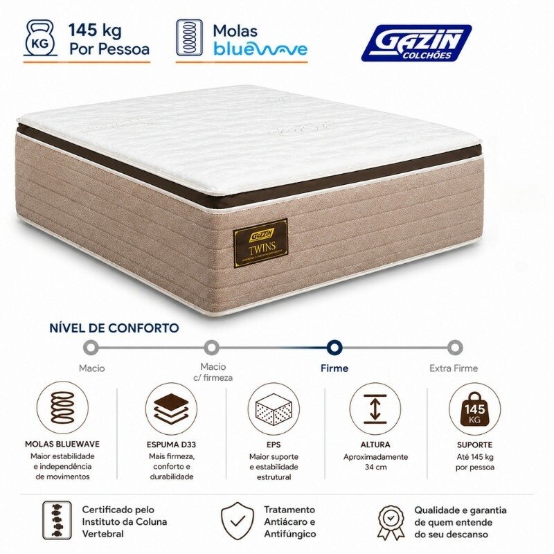 Colchão Queen Molas Ensacadas BlueWave Twins Gazin 158x198x34 cm | Suporta até 290kg - Imagem 7