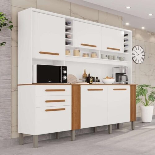 Armário de Cozinha 2,00m Catar Branco/Cinamomo 6 Portas 2 Gavetas - Sallêto