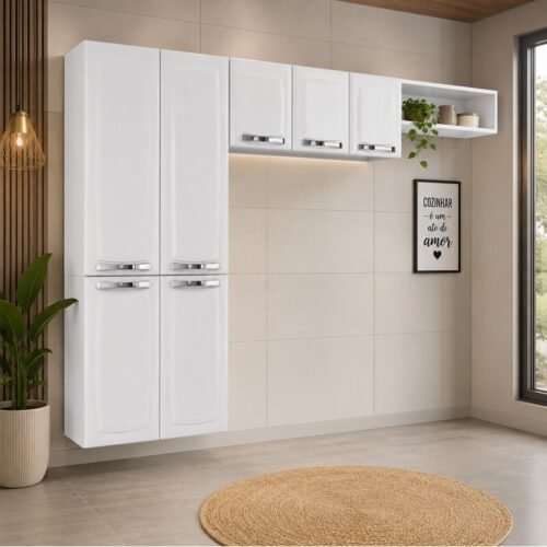 Cozinha em Aço 3 Peças 2,45m Rose Branco: Paneleiro + Aéreo + Nicho de Geladeira - Itatiaia