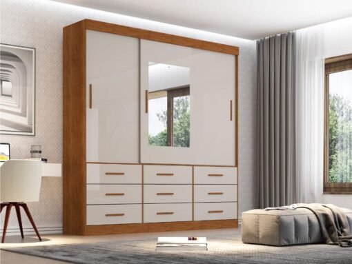 Guarda-Roupa New Star 3 Portas e 9 Gavetas Com Espelho e Pés - Cinamomo/Off White