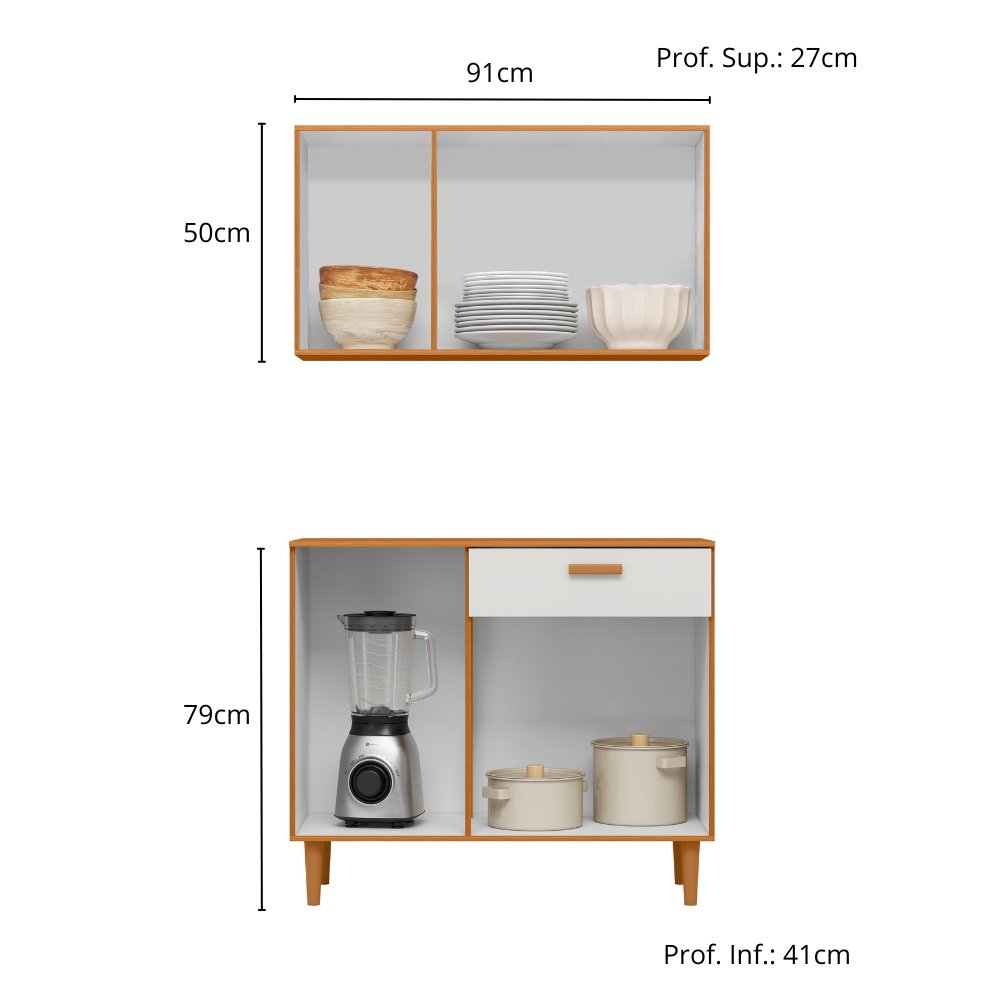 Armário de Cozinha Kit Ester Balcão+Aéreo 0,91m - Freijó/ Off White - Imagem 2