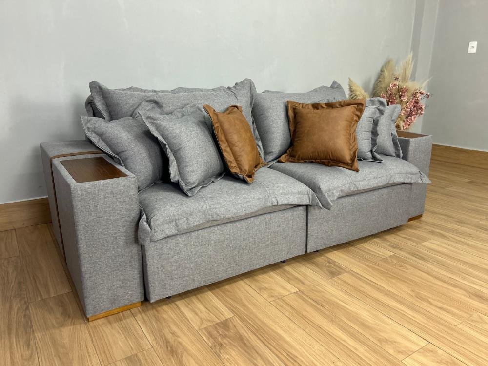 Sofá Cama Retrátil Reclinável Gabriela 2,30m - Cinza Linho/Marrom Courino - Imagem 4