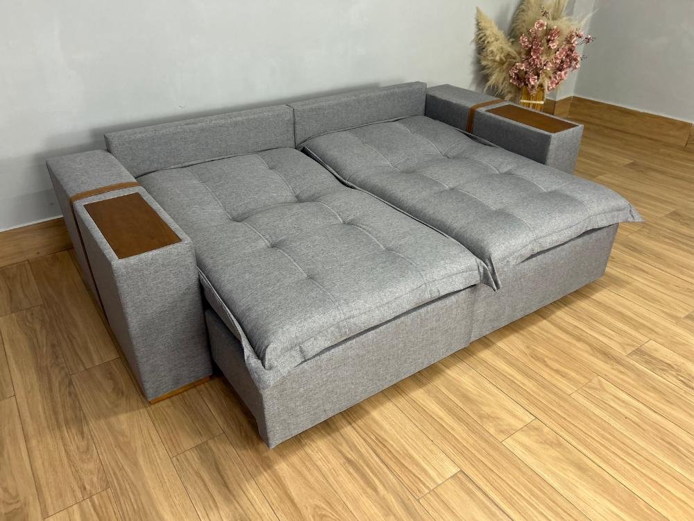 Sofá Cama Retrátil Reclinável Gabriela 2,30m - Cinza Linho/Marrom Courino - Imagem 2
