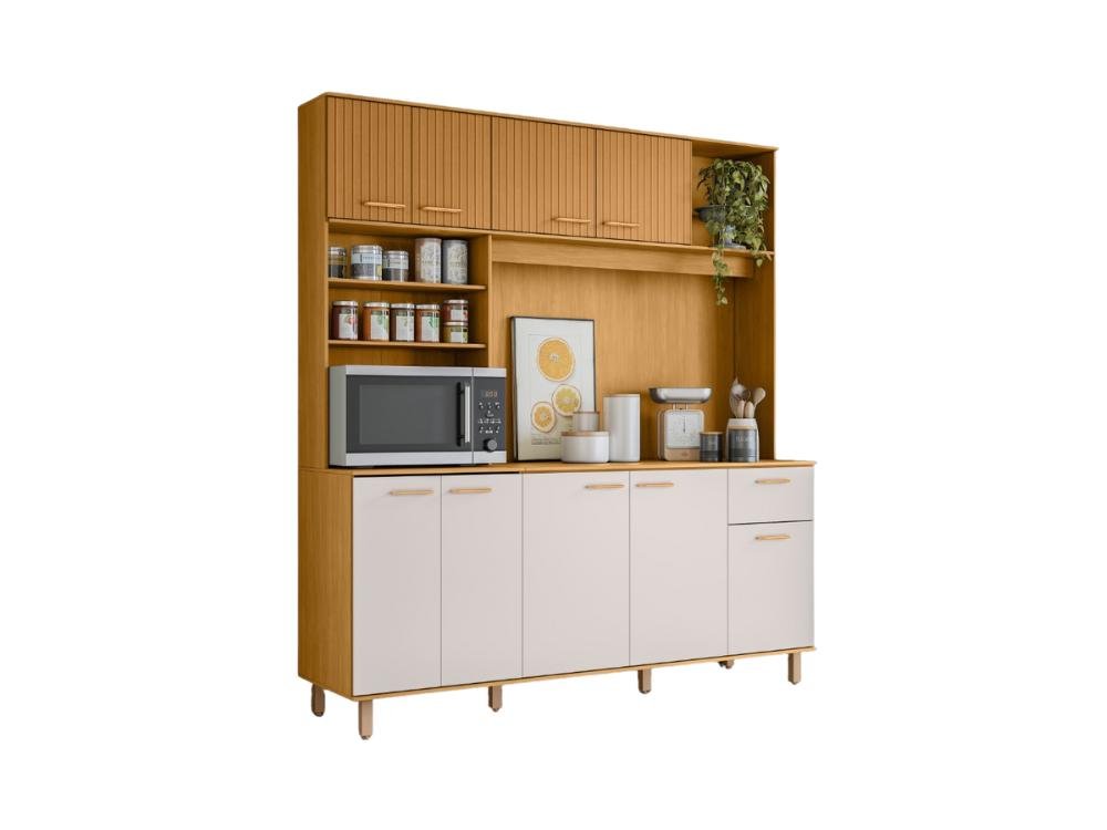 Armário Kit de Cozinha Núria 9 Portas 1 Gaveta - Freijo Ripado/Off white - Imagem 2