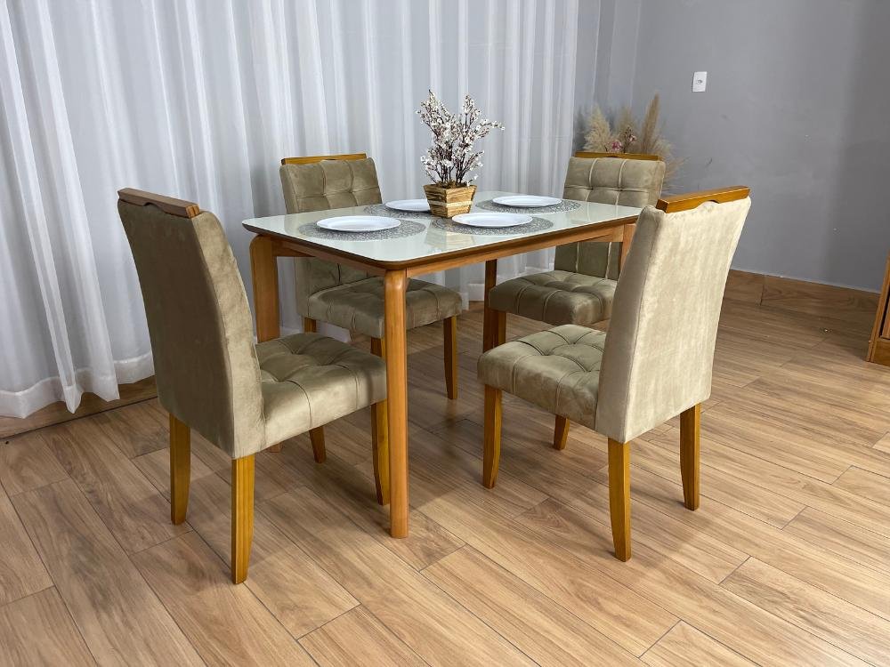 Mesa de Jantar Veneza 1.20x0.80 c/4 Cadeiras Londres - Cinamomo/Off White/Avelã Veludo - Imagem 7