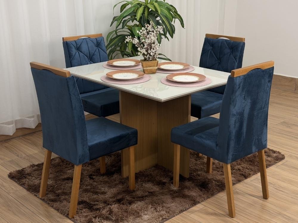 Mesa de Jantar Helo 1.20x0.90 Com 4 Cadeiras Jasmim - Freijó/Off White/Azul Veludo - Imagem 5