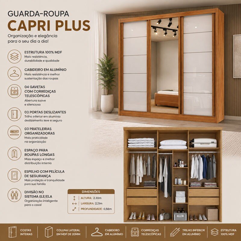 Guarda-roupa Casal 2,21m Capri Plus Nature/Off 3 Portas 4 Gavetas com Espelho - Bianchi - Imagem 4