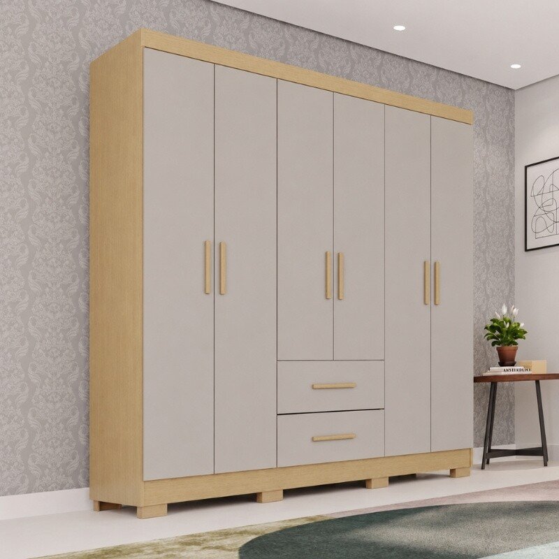 Guarda-roupa Solteiro 1,50m Estrela Premium Jequitibá/Granizo 6 Portas 2 Gavetas com Pés - Sallêto