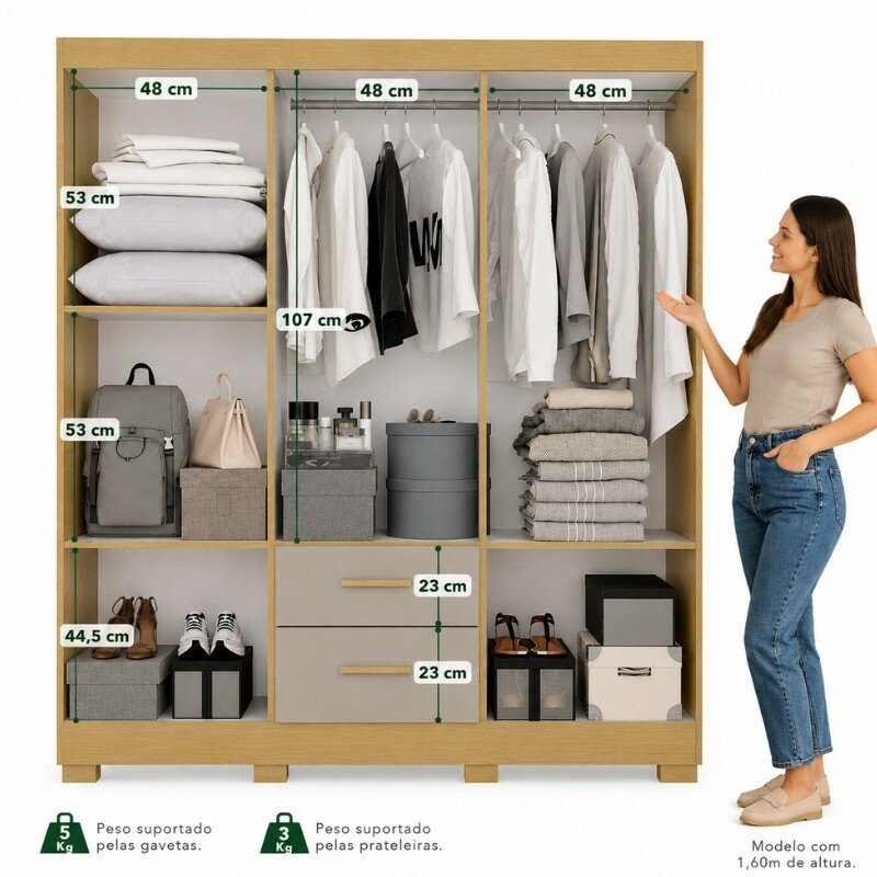 Guarda-roupa Solteiro 1,50m Estrela Premium Jequitibá/Granizo 6 Portas 2 Gavetas com Pés - Sallêto - Imagem 3
