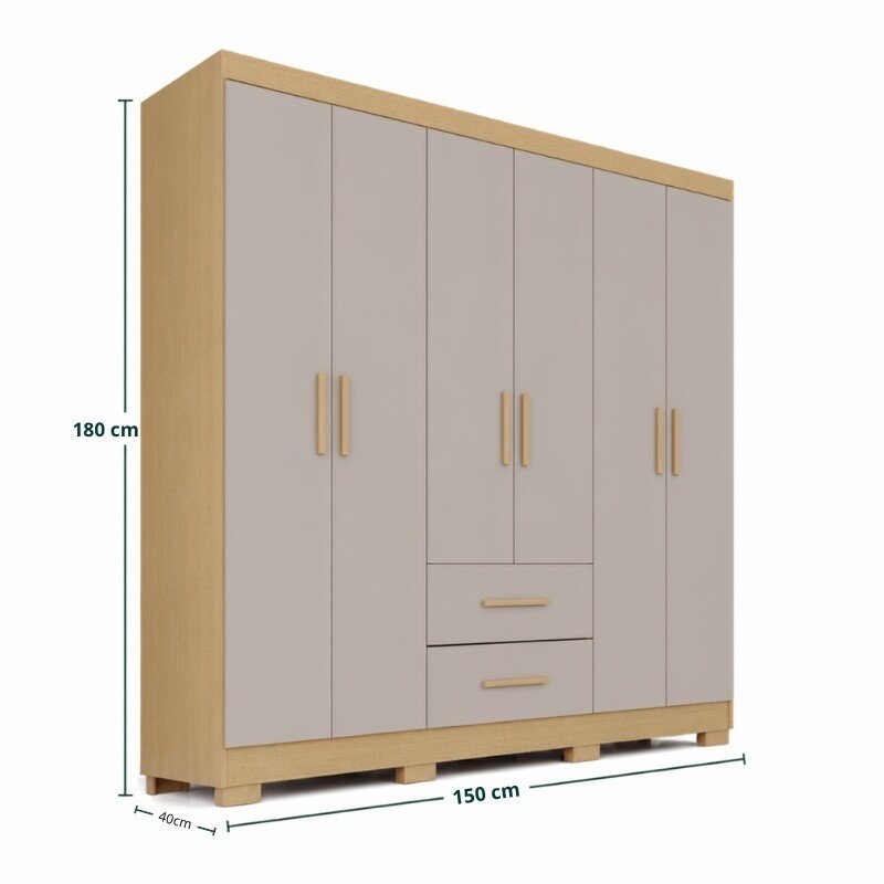 Guarda-roupa Solteiro 1,50m Estrela Premium Jequitibá/Granizo 6 Portas 2 Gavetas com Pés - Sallêto - Imagem 5