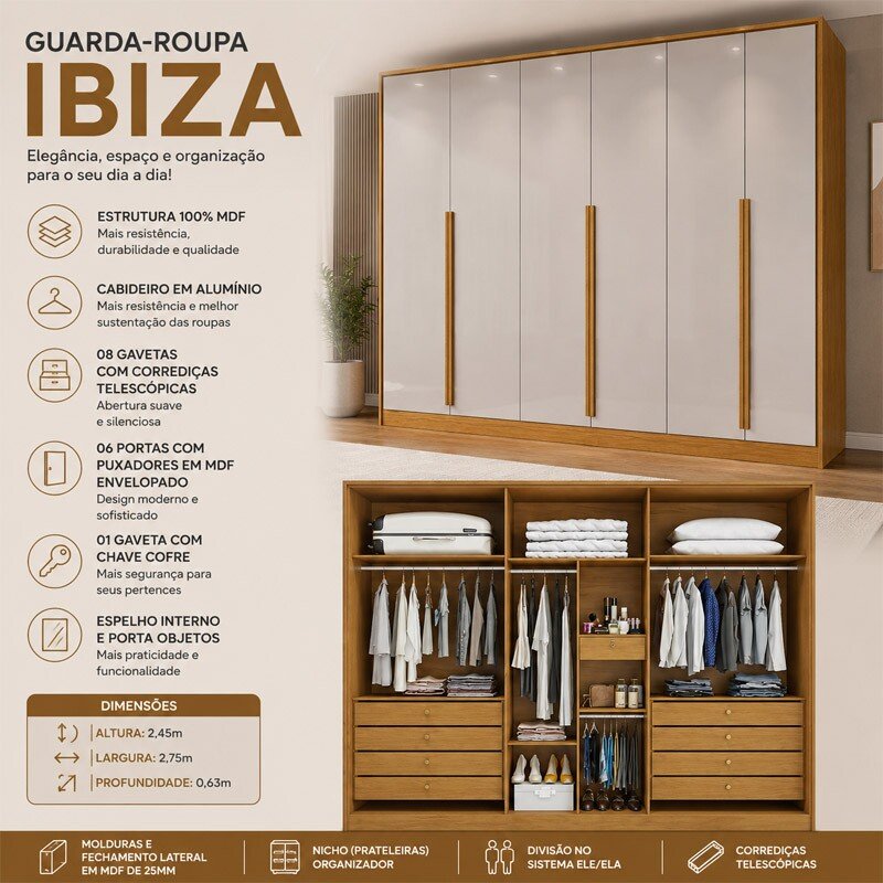 Guarda-roupa Casal 2,75m Ibiza Nature/Off 6 Portas 8 Gavetas - Bianchi - Imagem 5