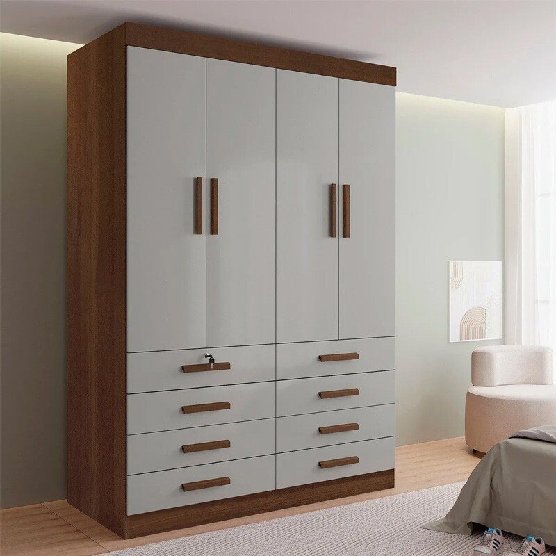 Guarda-roupa Solteiro 1,60m Mônaco Castanho/Off 4 Portas 8 Gavetas 100% MDF - D Doro