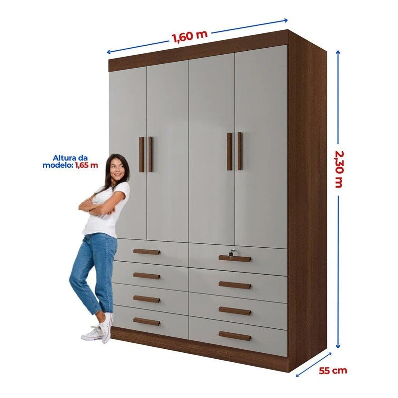 Guarda-roupa Solteiro 1,60m Mônaco Castanho/Off 4 Portas 8 Gavetas 100% MDF - D Doro - Imagem 5