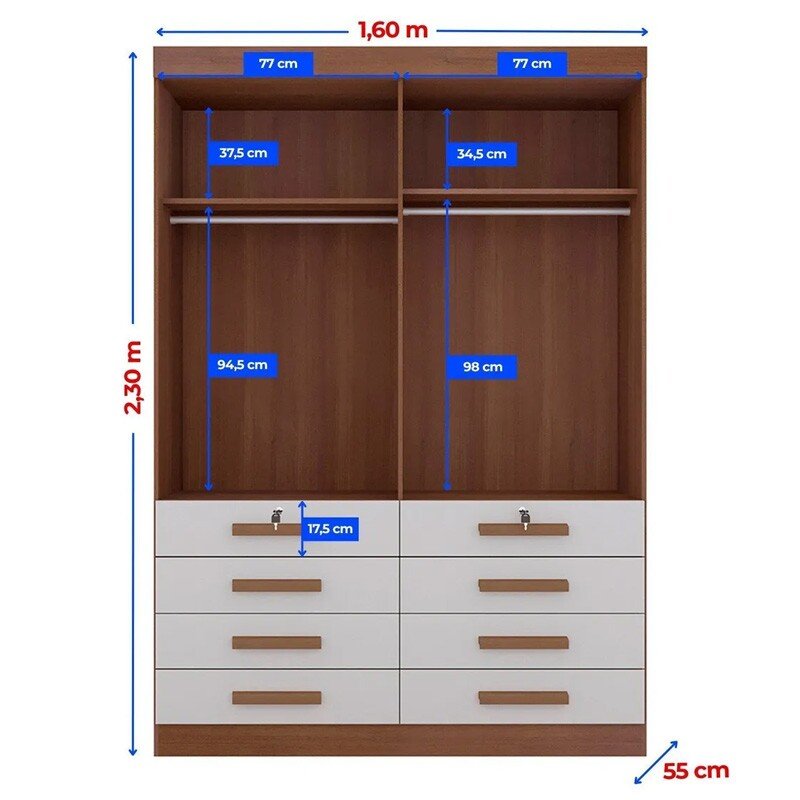 Guarda-roupa Solteiro 1,60m Mônaco Castanho/Off 4 Portas 8 Gavetas 100% MDF - D Doro - Imagem 3