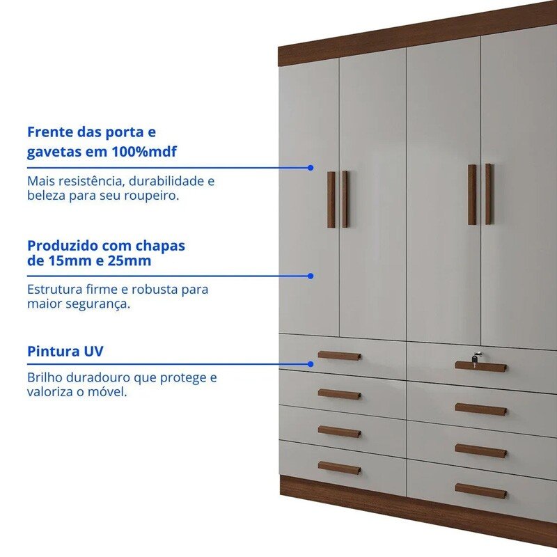 Guarda-roupa Solteiro 1,60m Mônaco Castanho/Off 4 Portas 8 Gavetas 100% MDF - D Doro - Imagem 4