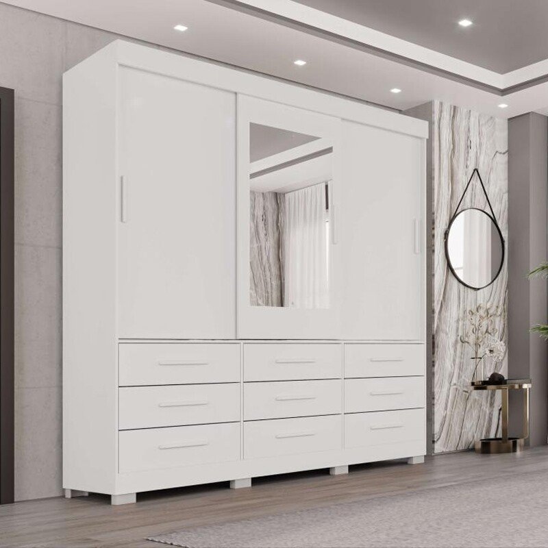 Guarda-roupa 1,80m New Star Branco 3 Portas 9 Gavetas com Espelho e Pés - Sallêto