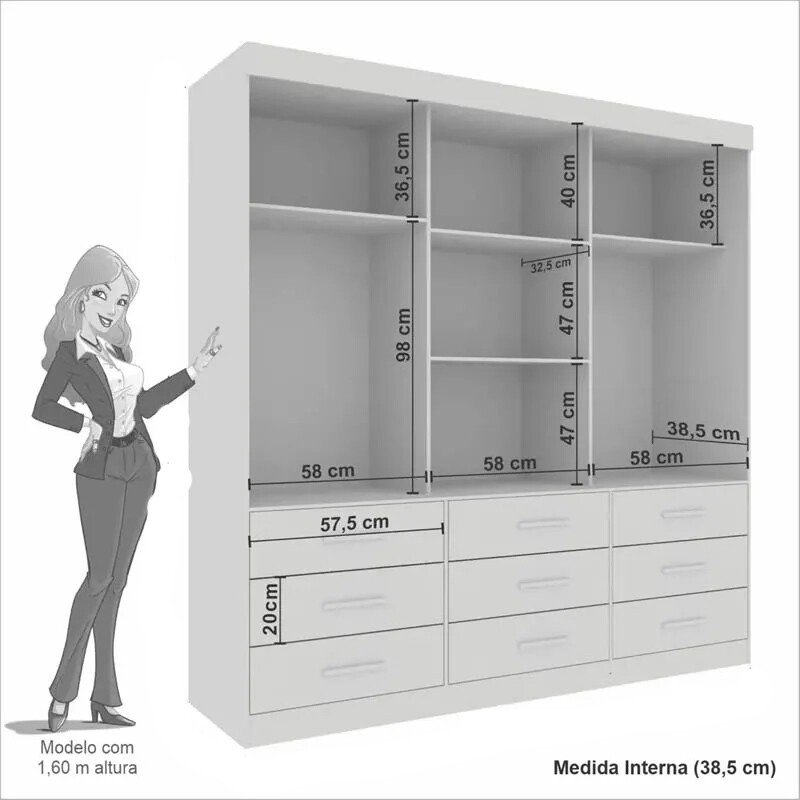 Guarda-roupa 1,80m New Star Branco 3 Portas 9 Gavetas com Espelho e Pés - Sallêto - Imagem 4