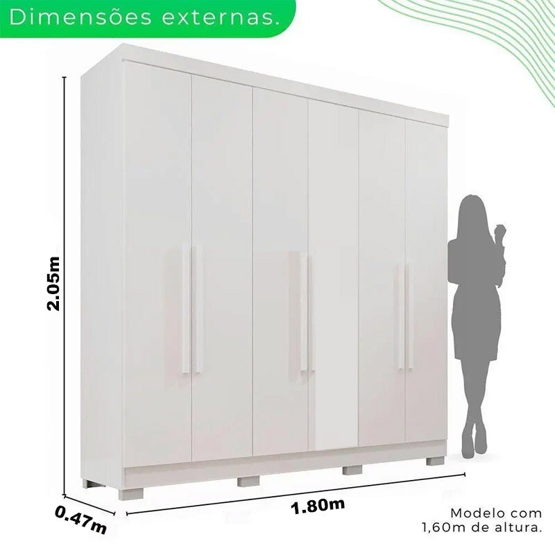 Guarda-roupa 1,80m Recife Branco 6 Portas 2 Gavetas com Pés - Sallêto - Imagem 4