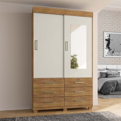 Guarda-roupa Solteiro 1,21m Búzios Cedro/Areia 2 Portas 6 Gavetas com Espelho - Rud Rack