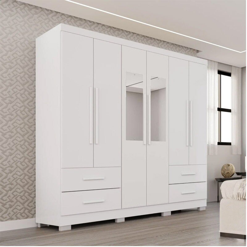 Guarda-roupa 1,80m Texas Premium Branco 6 Portas 4 Gavetas com Espelho - Sallêto