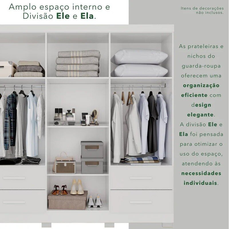 Guarda-roupa 1,80m Texas Premium Branco 6 Portas 4 Gavetas com Espelho - Sallêto - Imagem 5