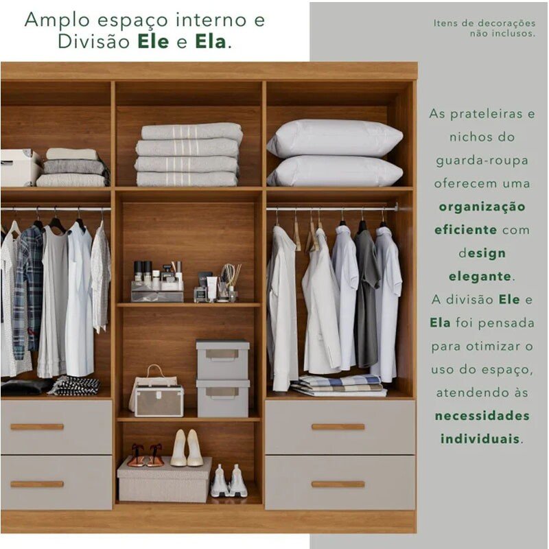 Guarda-roupa 1,80m Texas Premium Cinamomo/Off 6 Portas 4 Gavetas com Espelho e Pés - Sallêto - Imagem 2