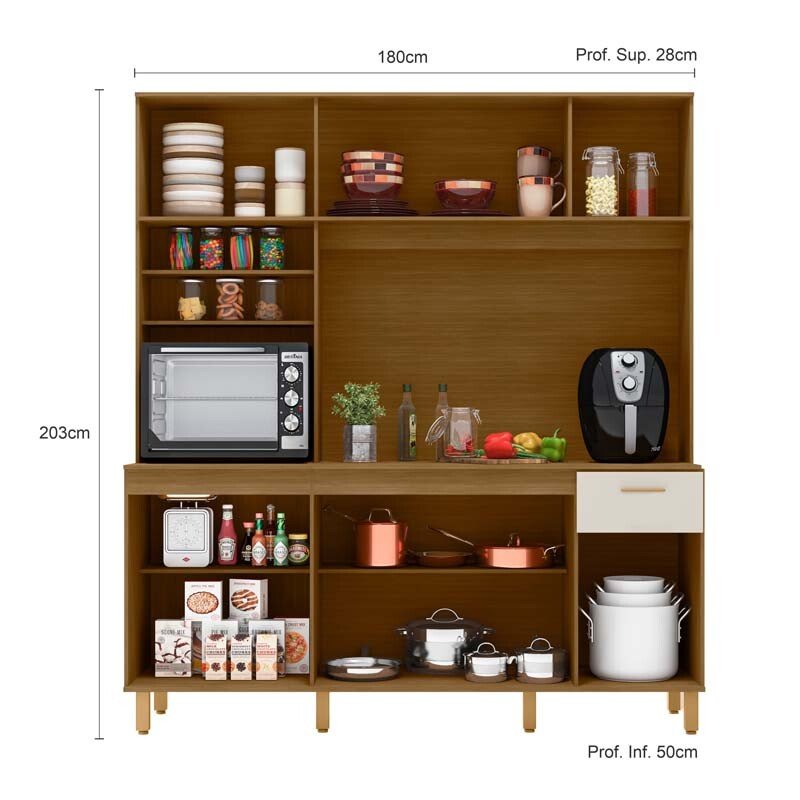 Kit de Cozinha 1,80m Núria com Detalhe Ripado 3D Freijó/Off 9 Portas 1 Gaveta - Poliman - Imagem 2