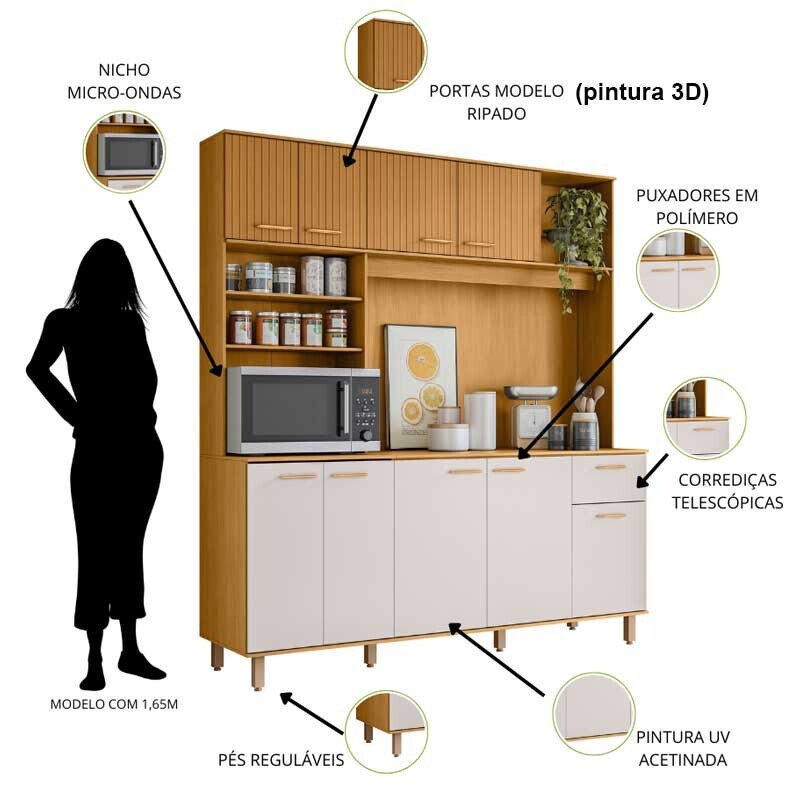 Kit de Cozinha 1,80m Núria com Detalhe Ripado 3D Freijó/Off 9 Portas 1 Gaveta - Poliman - Imagem 4