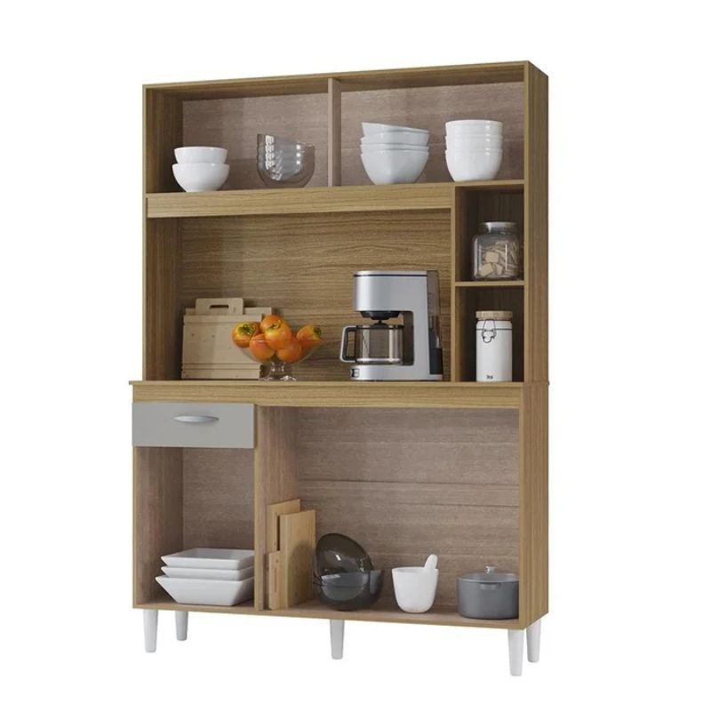 Kit de Cozinha 1,20m Duda Damasco/Off Ripado 5 Portas 1 Gaveta - Poquema - Imagem 2