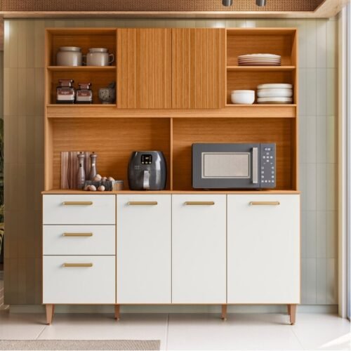 Kit de Cozinha 1,60m Sicília Largo Freijó/Off com Portas Ripadas/Fresadas - Poliman