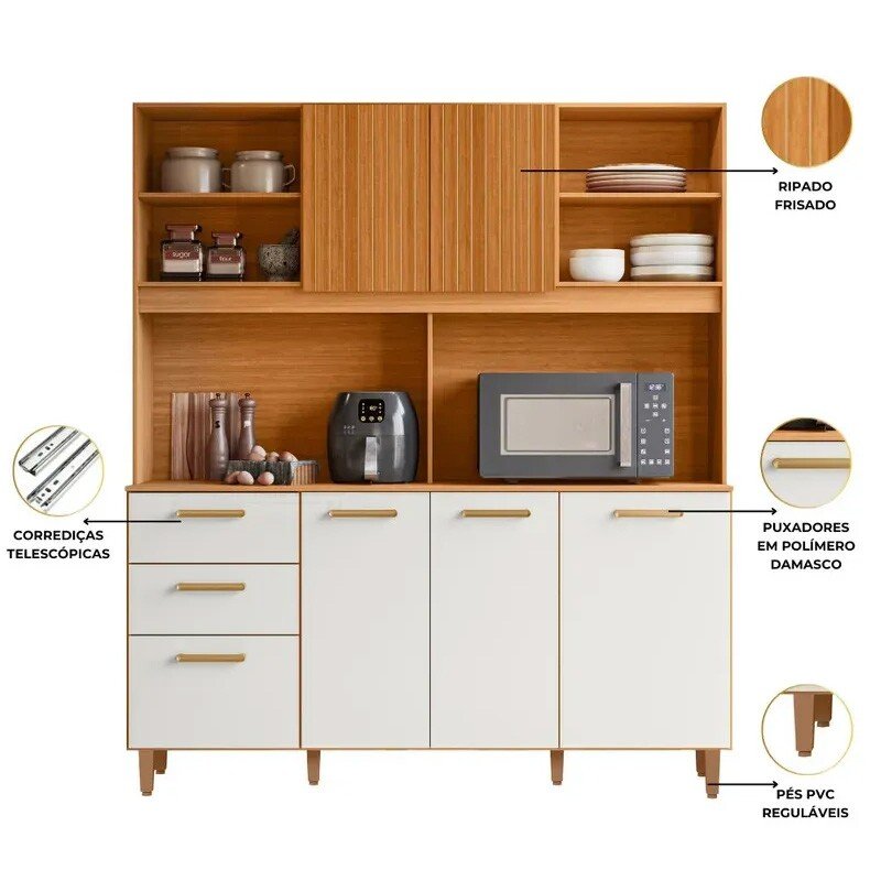 Kit de Cozinha 1,60m Sicília Largo Freijó/Off com Portas Ripadas/Fresadas - Poliman - Imagem 4