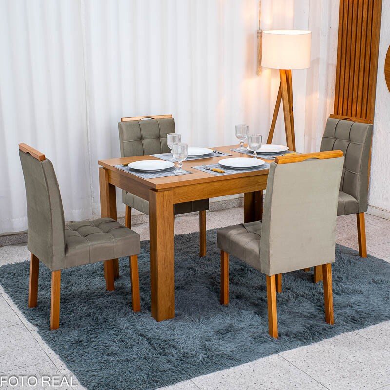 Mesa de Jantar Athenas 120x80 Amêndoa Clean Tampo Maciço Lopas + 4 Cadeiras Londres Veludo Avelã Minas Plac - Entregue Montada - Imagem 3