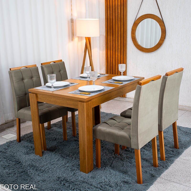 Mesa de Jantar Athenas 120x80 Amêndoa Clean Tampo Maciço Lopas + 4 Cadeiras Londres Veludo Avelã Minas Plac - Entregue Montada - Imagem 4