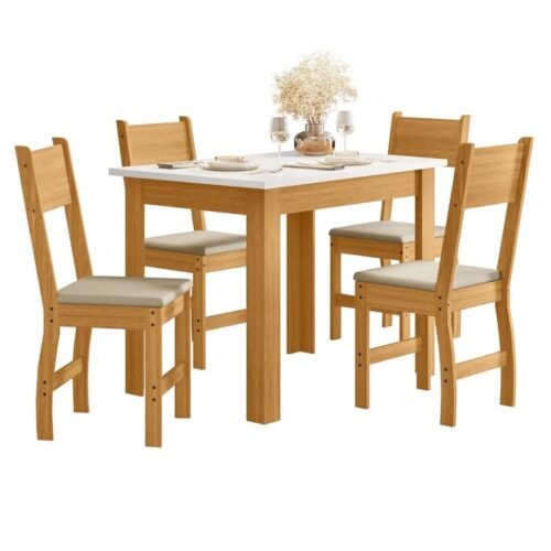 Mesa de Jantar Bellagio 108x68 Freijó Tampo Off + 4 Cadeiras Milano Korino Bege ( Freijó UV/Savana ) - Poliman