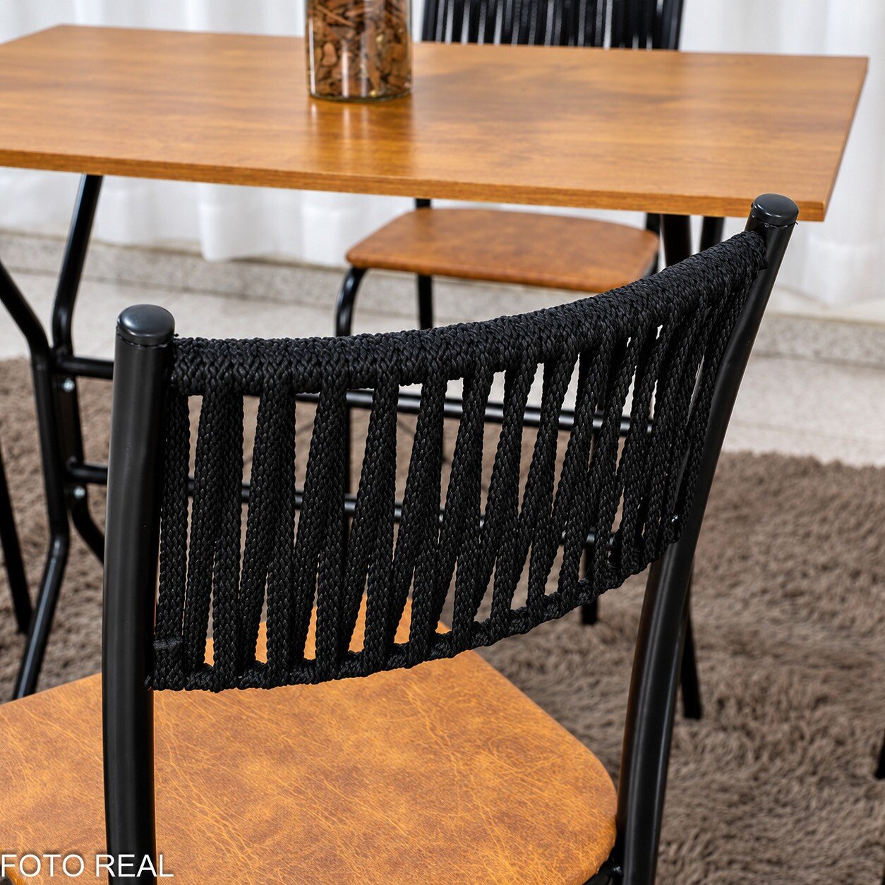 Mesa de Cozinha Atenas 90x58 Tampo Madeirado Base Nexus Preto + 4 Cadeiras Assento Corino Marrom - Tubo Minas - Imagem 8