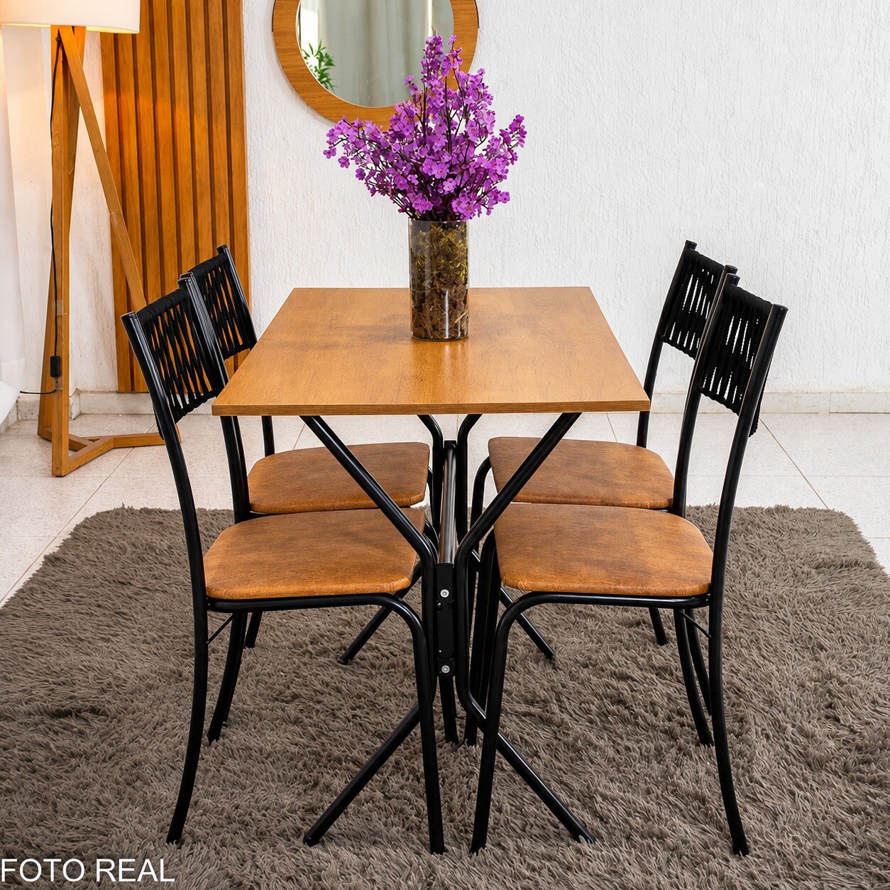 Mesa de Cozinha Atenas 90x58 Tampo Madeirado Base Nexus Preto + 4 Cadeiras Assento Corino Marrom - Tubo Minas - Imagem 11