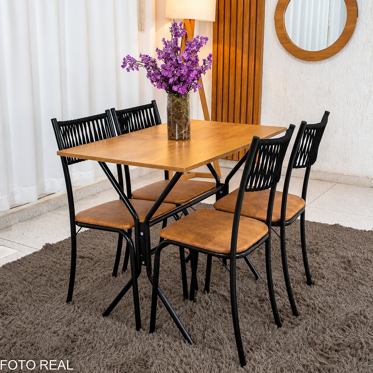 Mesa de Cozinha Atenas 90x58 Tampo Madeirado Base Nexus Preto + 4 Cadeiras Assento Corino Marrom - Tubo Minas