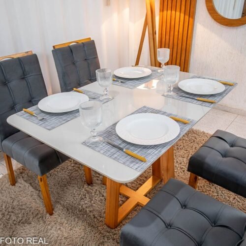 Alternative view of Mesa de Jantar Bali 120x80 Vidro Off Base Madeira + 4 Cadeiras Londres Veludo Chumbo Minas Plac - Entregue Montada