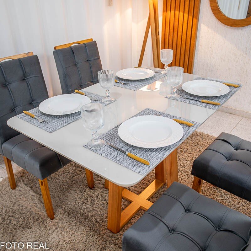 Mesa de Jantar Bali 120x80 Vidro Off Base Madeira + 4 Cadeiras Londres Veludo Chumbo Minas Plac - Entregue Montada - Imagem 2
