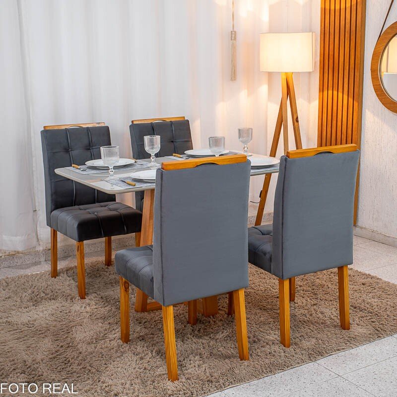 Mesa de Jantar Bali 120x80 Vidro Off Base Madeira + 4 Cadeiras Londres Veludo Chumbo Minas Plac - Entregue Montada - Imagem 3