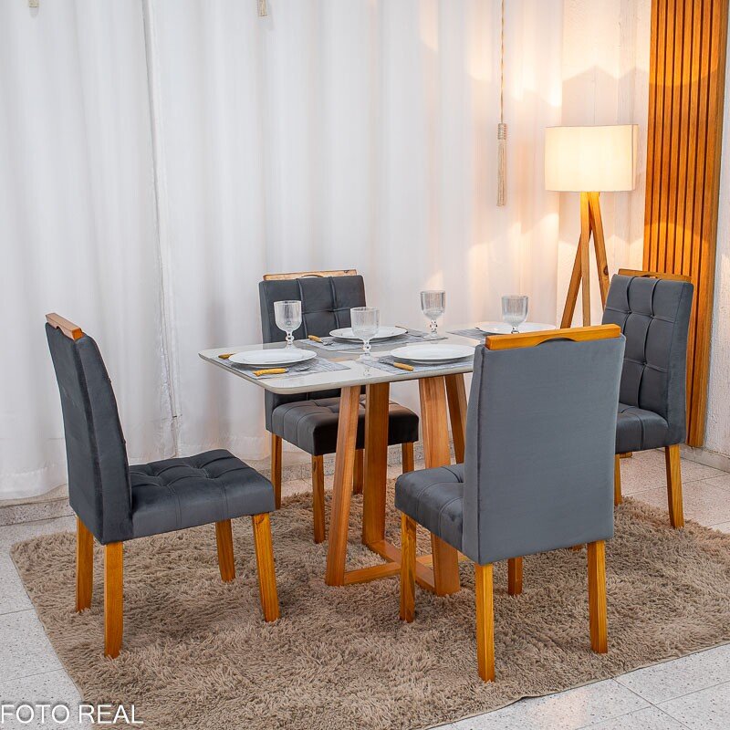 Mesa de Jantar Bali 120x80 Vidro Off Base Madeira + 4 Cadeiras Londres Veludo Chumbo Minas Plac - Entregue Montada - Imagem 4