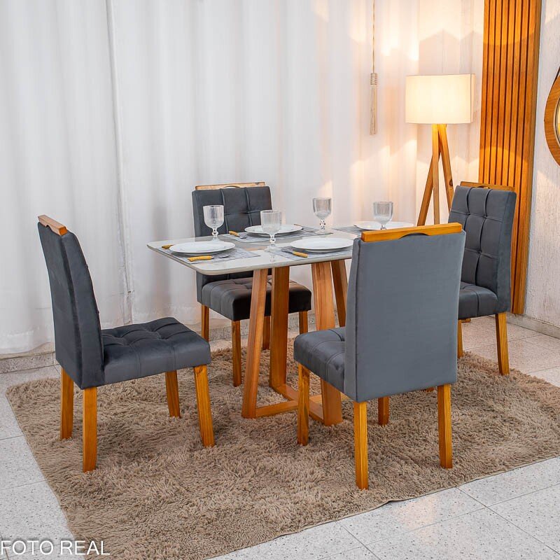 Mesa de Jantar Bali 120x80 Vidro Off Base Madeira + 4 Cadeiras Londres Veludo Chumbo Minas Plac - Entregue Montada - Imagem 5